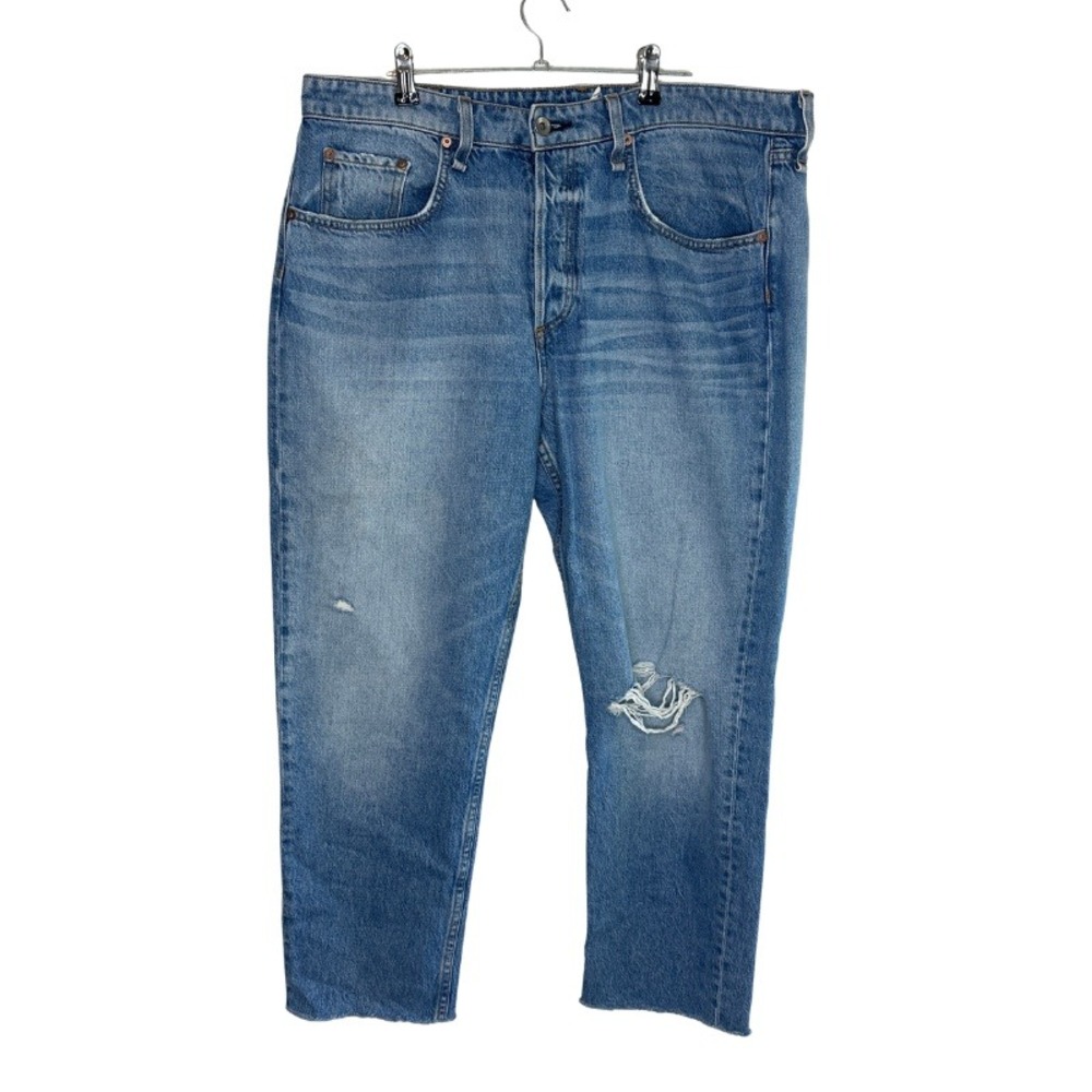 Rag & Bone Rosa Mid-Rise Boyfriend Jeans Blue Distressed Raw Hem Size 32 / US 14